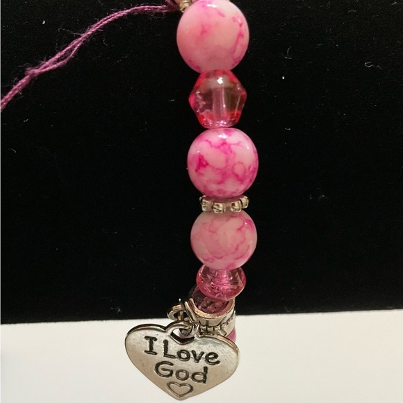 Hand Crafted Stretch Bracelet Pink Beads Silver I Love God Charm - Picture 4 of 9